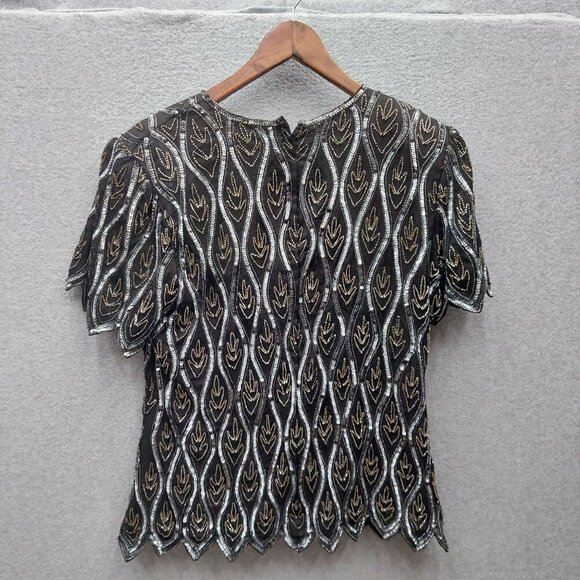 VTG Adrianna Papell Boutique Evening Black & Silver Beaded Silk Short-Sleeve Top - Picture 3 of 3